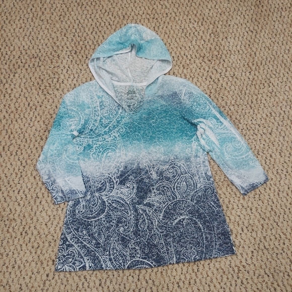 Style & Co. Tops - Style & Co Sport Women PM Lightweight Hoodie Blue Paisley Burnout 3/4 Sleeves